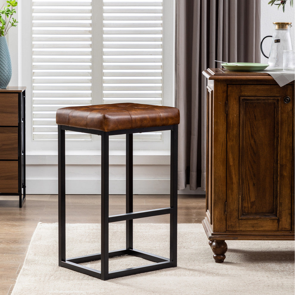 Button Tufted Open Frame Counter Stools, Yellowish Brown, 30 Inch
