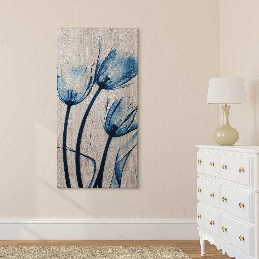 Blue Tulip Wall Art X-Ray Photography Giclee Printed on Hand Finished Ash Wood