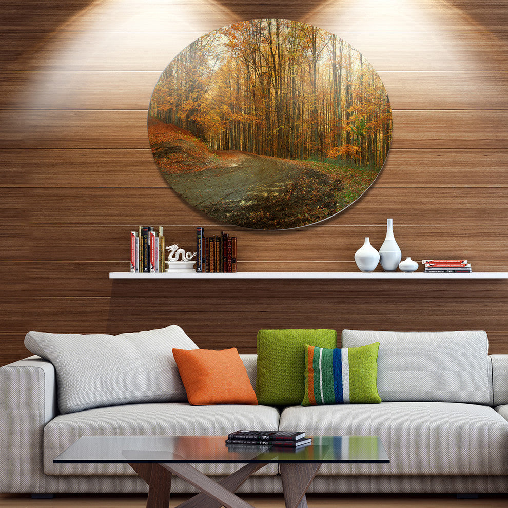 Curving Road In Autumn Forest, Forest Round Wall Art, 11"