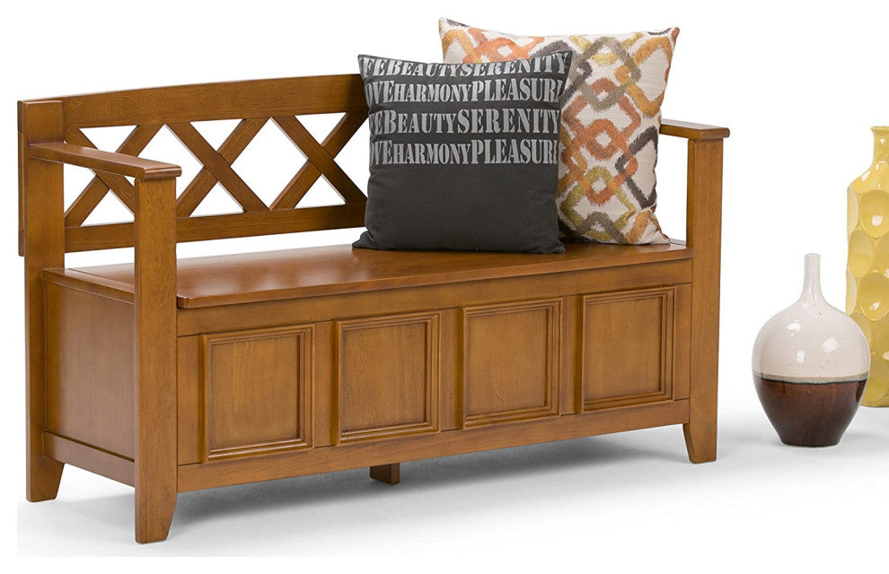 Transitional Storage Bench, X-Back & Safety Hinge Lid Seat, Light Avalon Brown