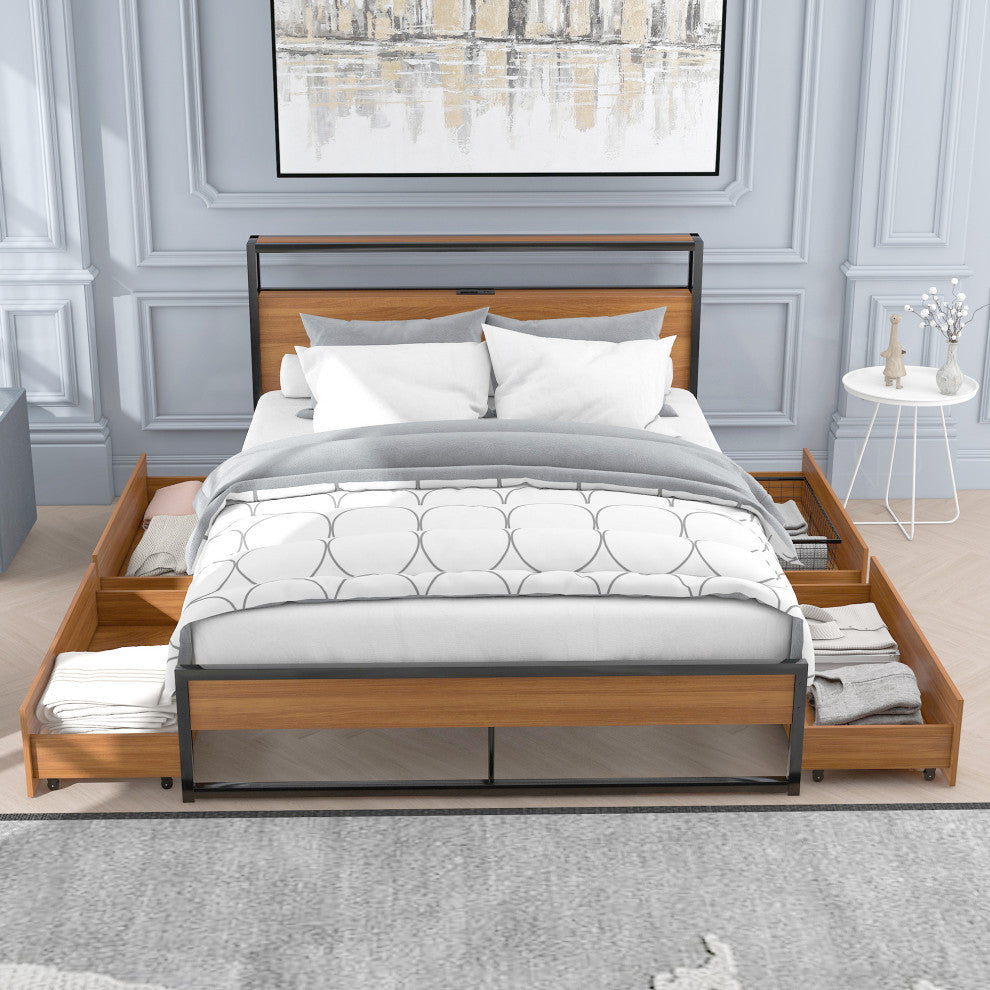 Full/Queen Metal Frame Wood Platform Bed with Four Drawers, Sockets and USB Port