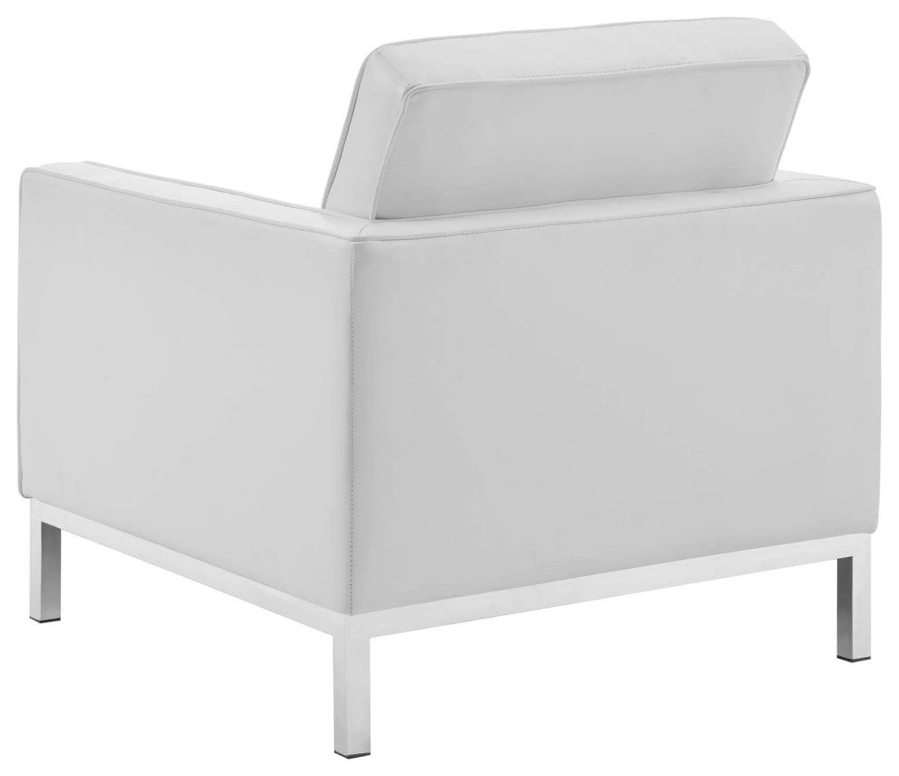 Tufted Armchair and Loveseat Sofa Set, Faux Leather, Silver White, Modern