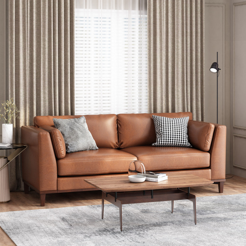 Ayers Faux Leather Upholstered 3 Seater Sofa, Cognac + Espresso