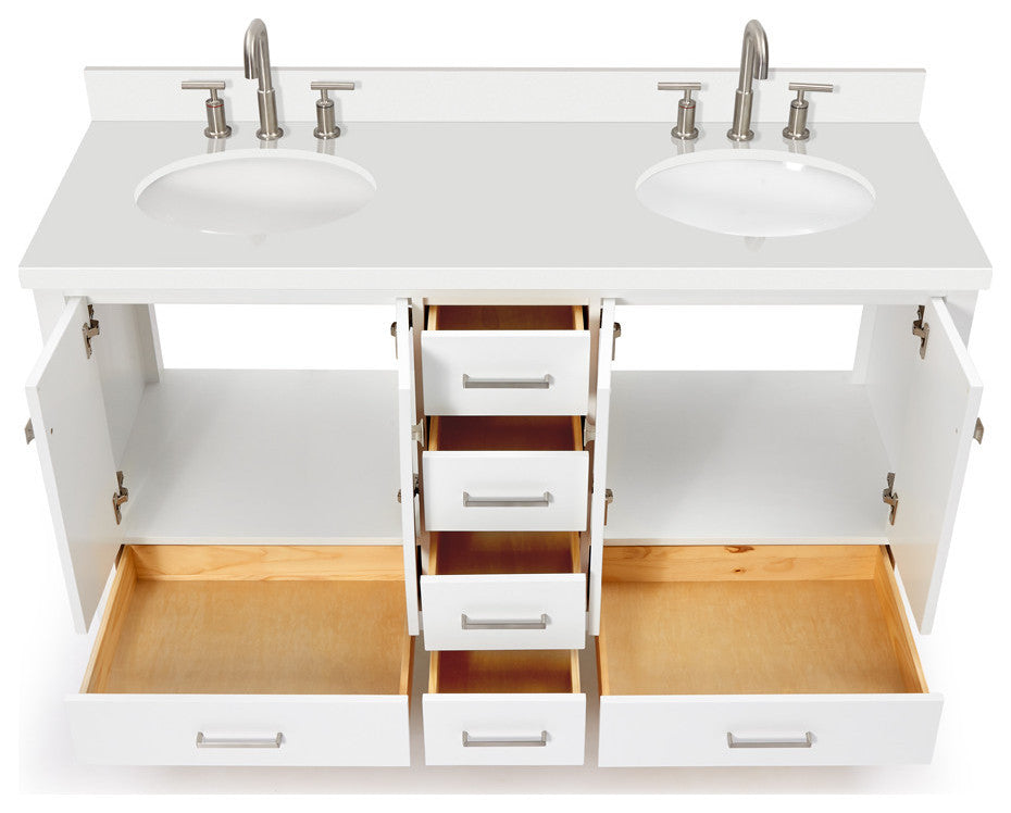 ARIEL Cambridge 61" Double Oval Sink Bathroom Vanity White With Quartz Top