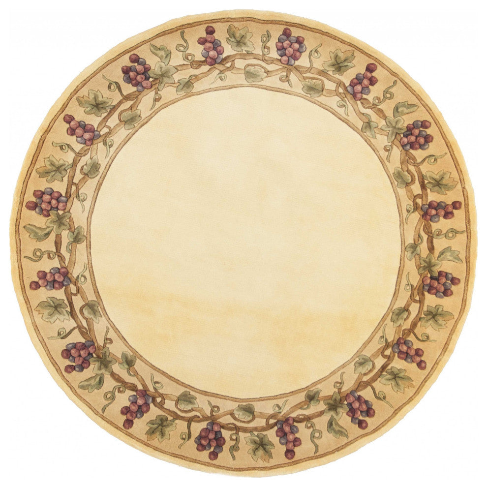 HomeRoots 6' Ivory Hand Tufted Bordered Grapevine Round Indoor Area Rug