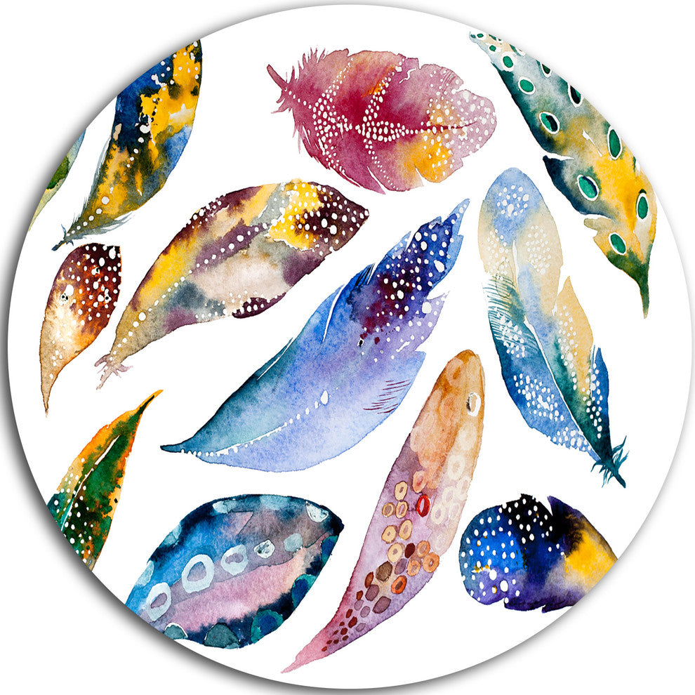 Hand-Drawn Feather Set, Watercolor Round Wall Art, 23"