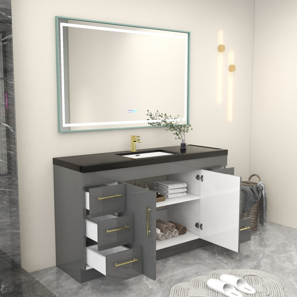Rosa 60" Free Standing Modern Vanity, High Gloss Gray, Matt Black Top