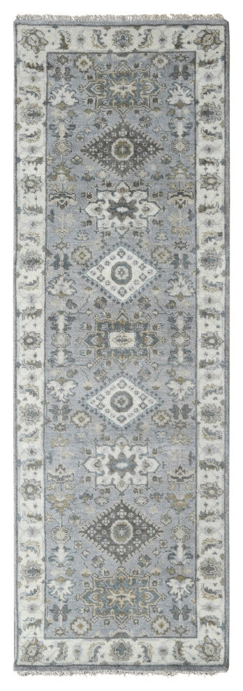 Medium Gray, Karajeh Design, 100% Wool, Hand Knotted, Runner Rug, 2'8"x7'10"