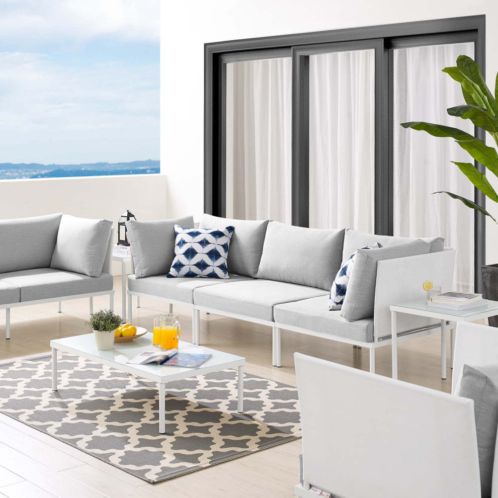 Sectional Sofa Chair Table Set, Sunbrella, Aluminum, White Gray, Outdoor