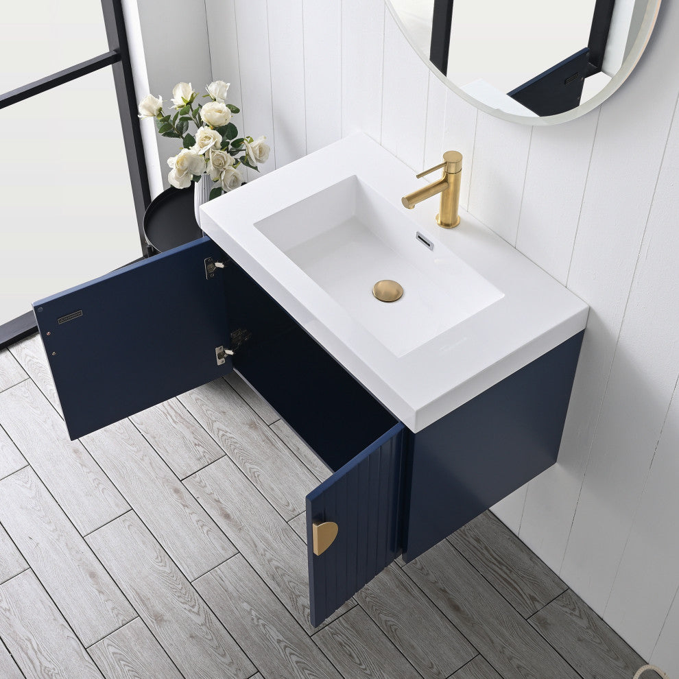 Floating Bathroom Vanity with Sink, Wood Bathroom Vanity Cabinet, Blue, 30"