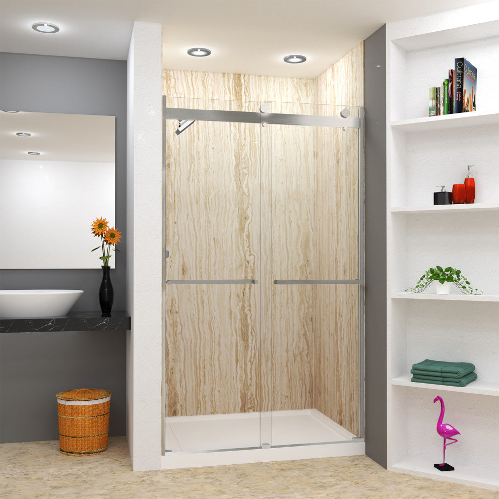 Transolid Brianna 48" W x 80" H Frameless Sliding Shower Door, Brushed Stainless