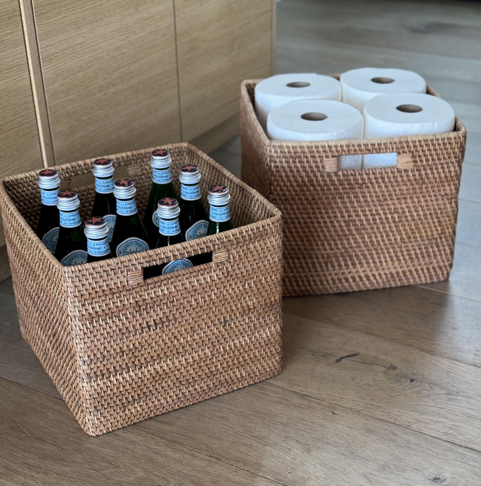 Loma Decorative Square Rattan Storage Basket With Handles, Honey-Brown, Honey Brown