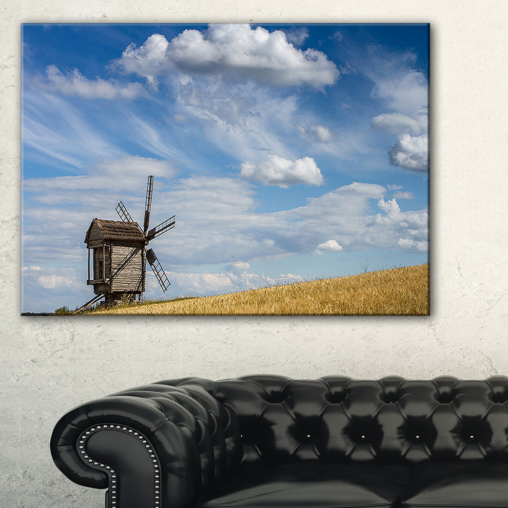 "Cloudy Sky and Windmill Summer Day" Landscape Wall Art, 32"x16"