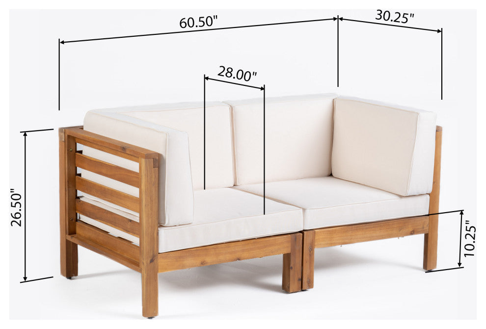 GDF Studio Dawson Outdoor 2-Seater Acacia Wood Sectional Loveseat Set, Beige