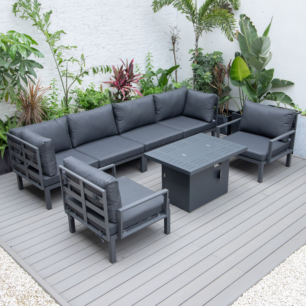 LeisureMod HSFBL-7BL Hamilton 7-Pcs Conversation Set Fire Pit Table&Cushions