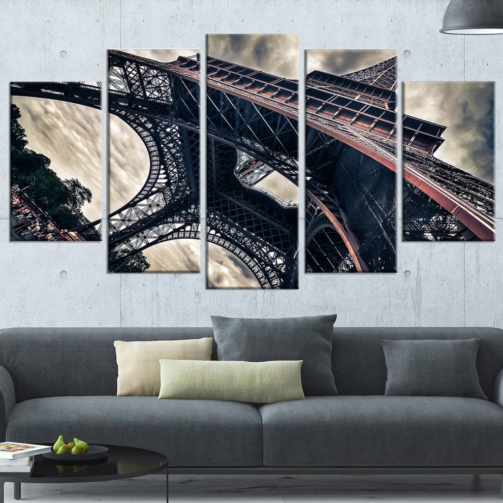 "Paris Eiffel Tower in Grungy Dramatic Style" Cityscape Art, 60"x32", 5-Panels