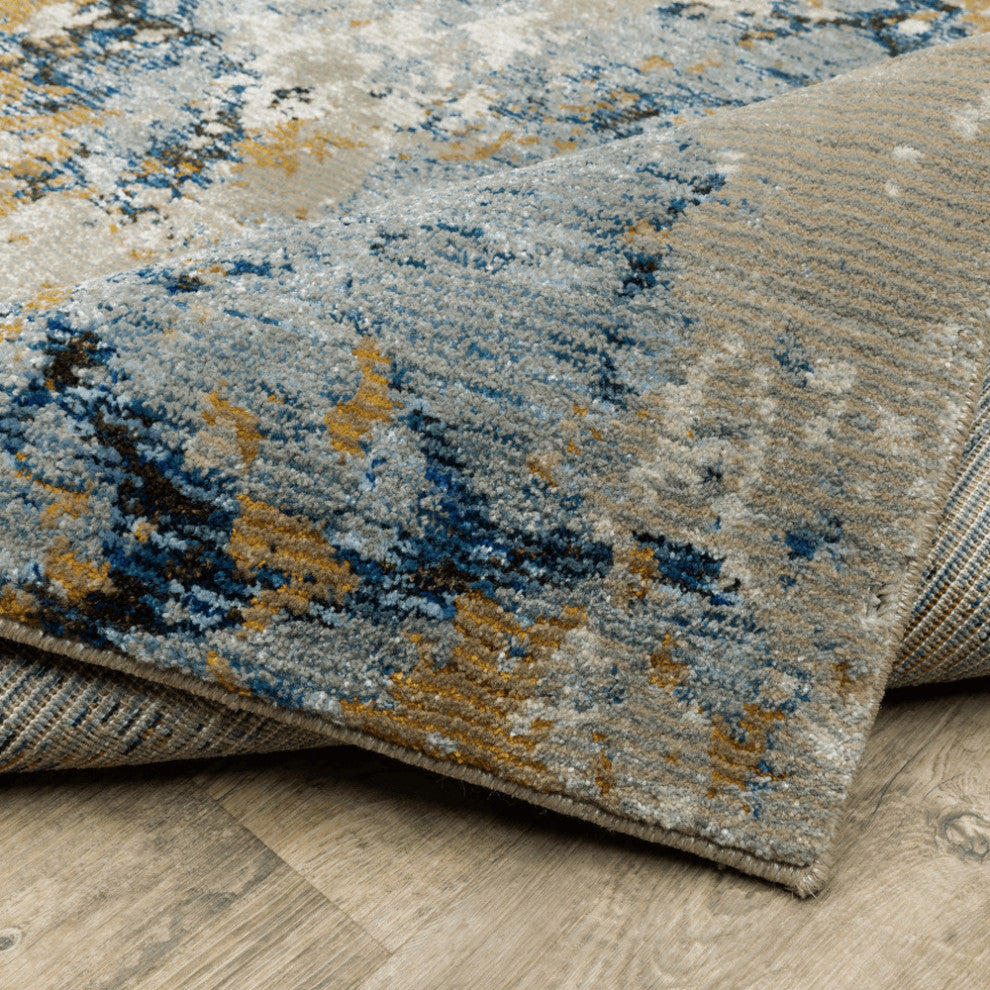 12' Runner Gold Grey and Ivory Abstract Power Loom Runner Rug
