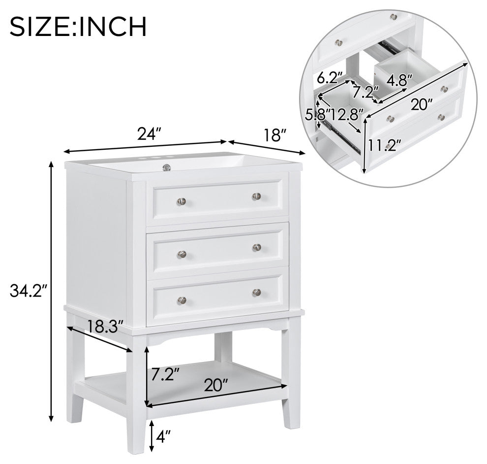 24" MDF Freestanding Bath Vanity Set, White Integrated Ceramic Sink
