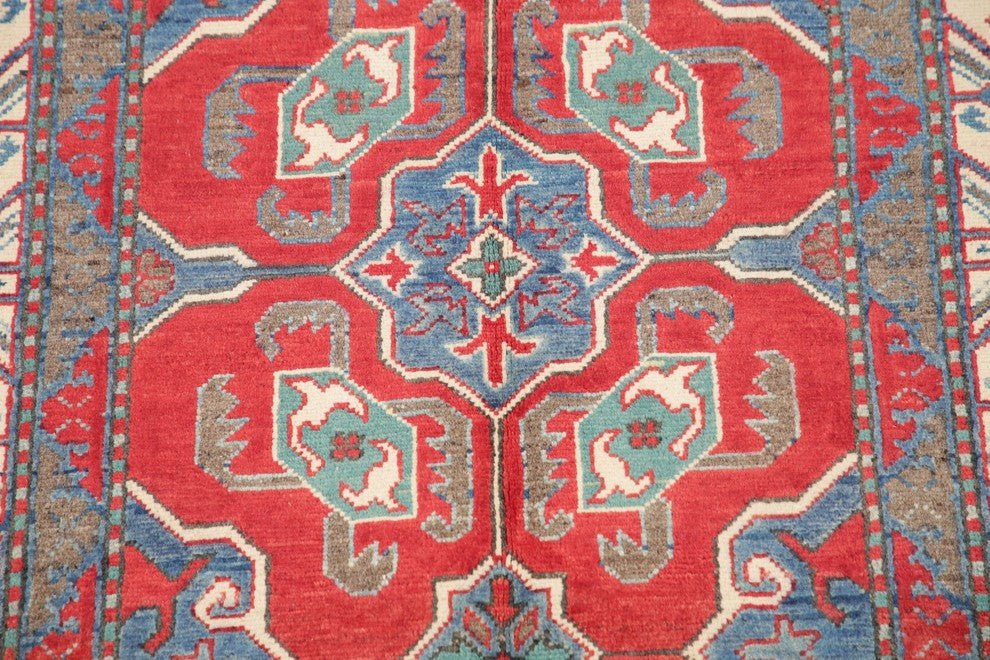 Traditional Pakistani Kazak Wool Hand-Knotted Oriental Area Rug, Red, 4'8"X3'3"