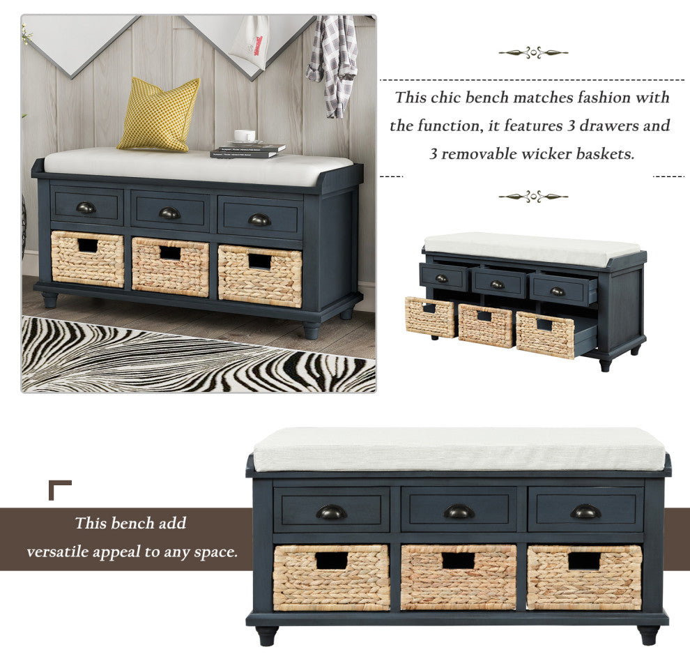 TATEUS 42" Rustic Storage Bench With 3 Drawers and 3 Rattan Baskets, Antique Navy
