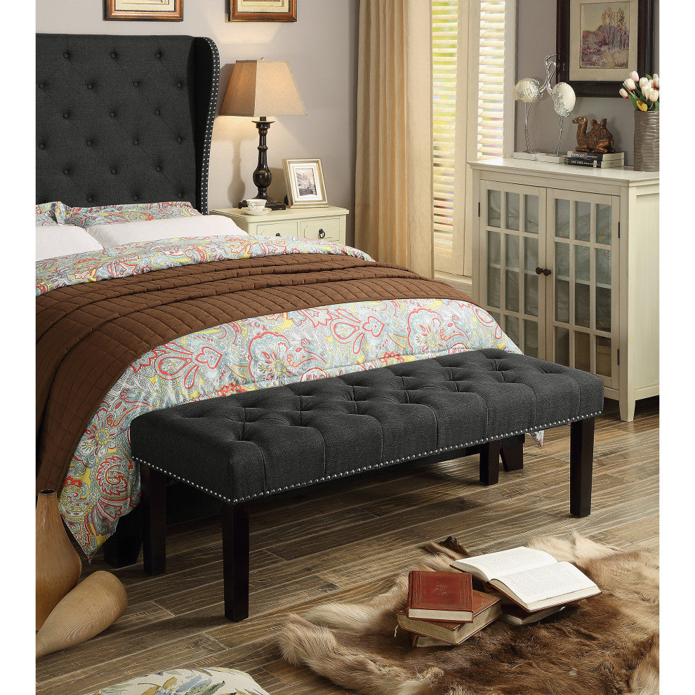 Ercole Upholstered Tufted Bench, Charcoal, 35"