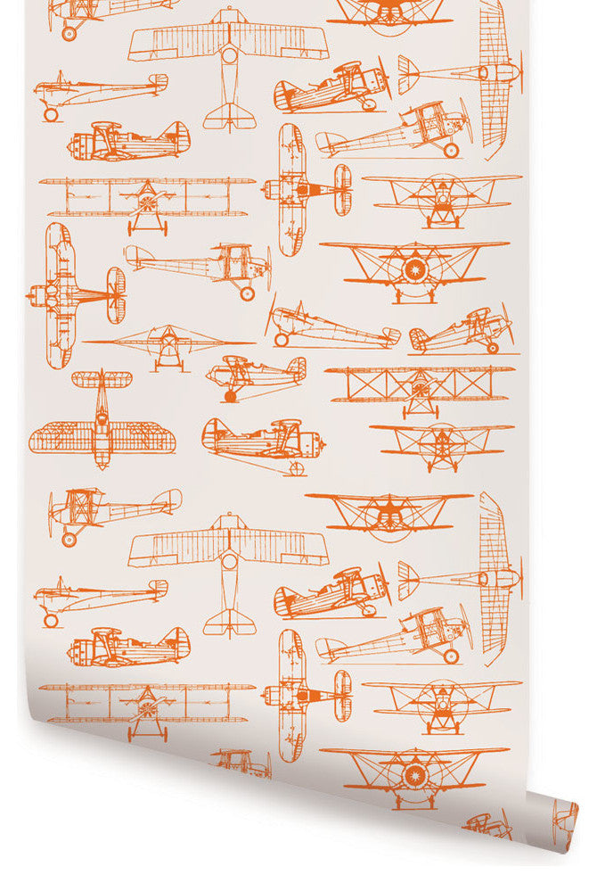 Airplanes Peel and Stick Vinyl Wallpaper, Orange Blossom, 24"w X 60"h