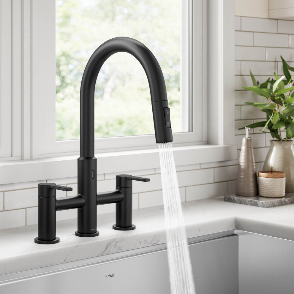 KRAUS Oletto Touchless Sensor Bridge Kitchen Faucet w Pulldown Sprayhead MB