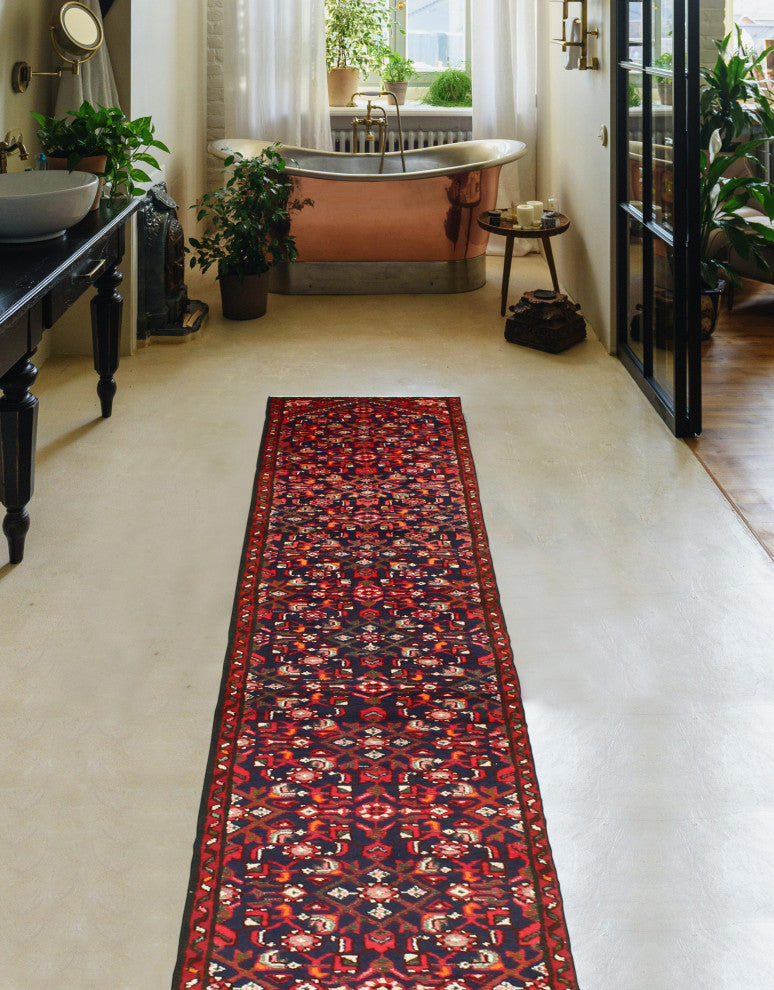 Fine Vintage Distressed Laily Navy/Red Runner, 1'10 x 13'2