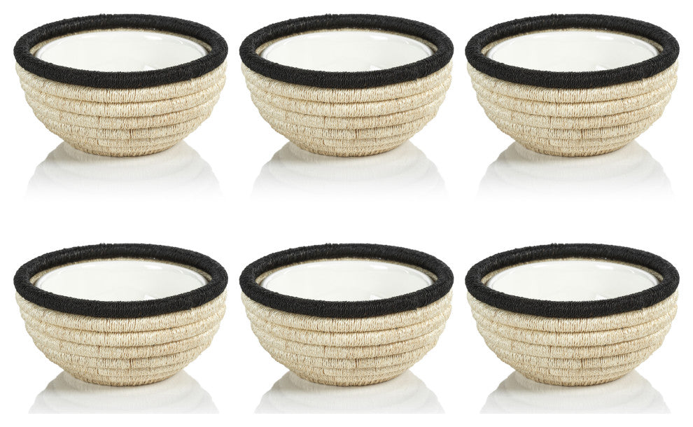 Matera 6.25"Coiled Abaca Condiment Bowls, Black, Set of 6