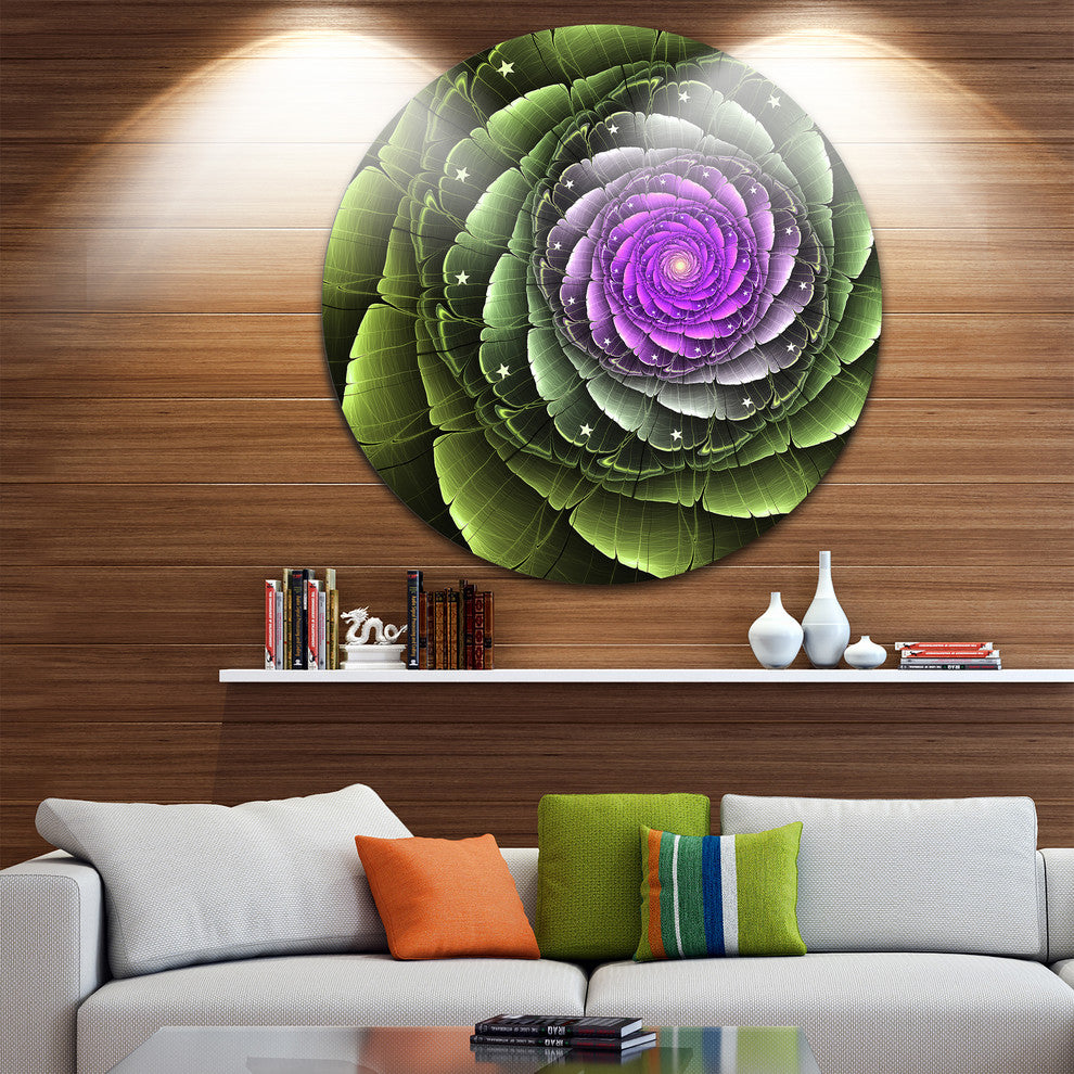 Lush Green And Purple Fractal Flower, Floral Round Wall Art, 23"