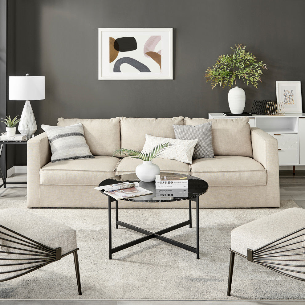 Round Contemporary Marble Finish Veneer Top Black Coffee Table, Black/Black