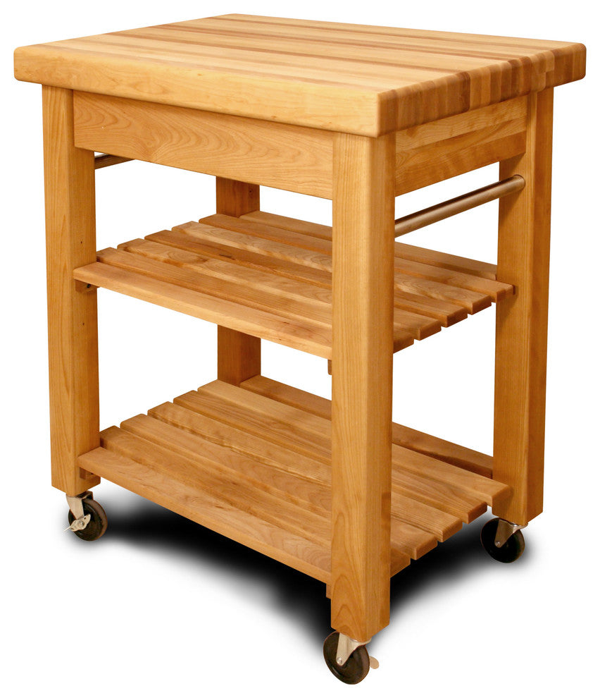 Catskill French Country Small Butcher Block Wood Kitchen Cart in Natural