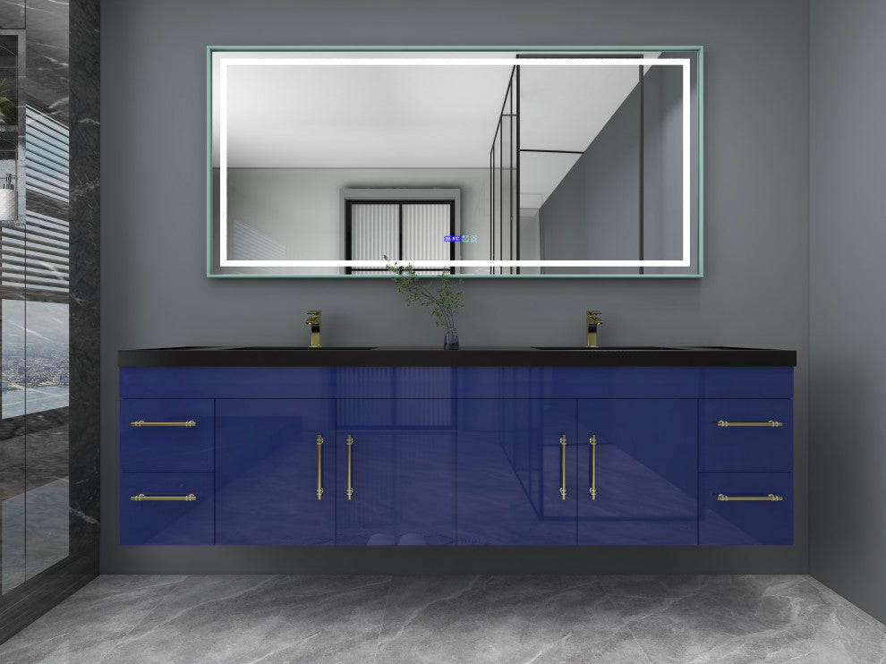 Rosa 84" Wall Mounted Modern Vanity, High Gloss Night Blue, Matt Black Top