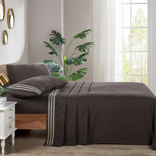 Serenta Trois Embroidered 4 Piece Bed Sheet Set, Chocolate, Twin