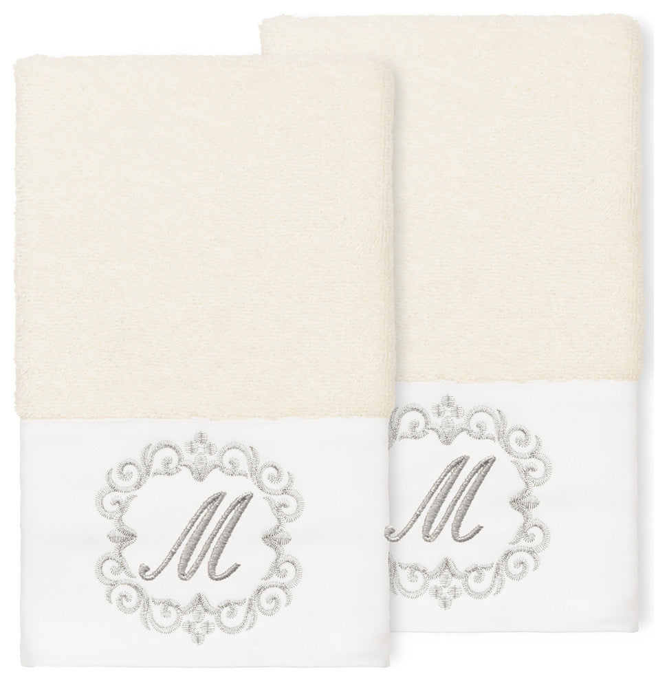 Linum Home Turkish Cotton Monica 2-Piece Embellished Hand Towel Set, Cream