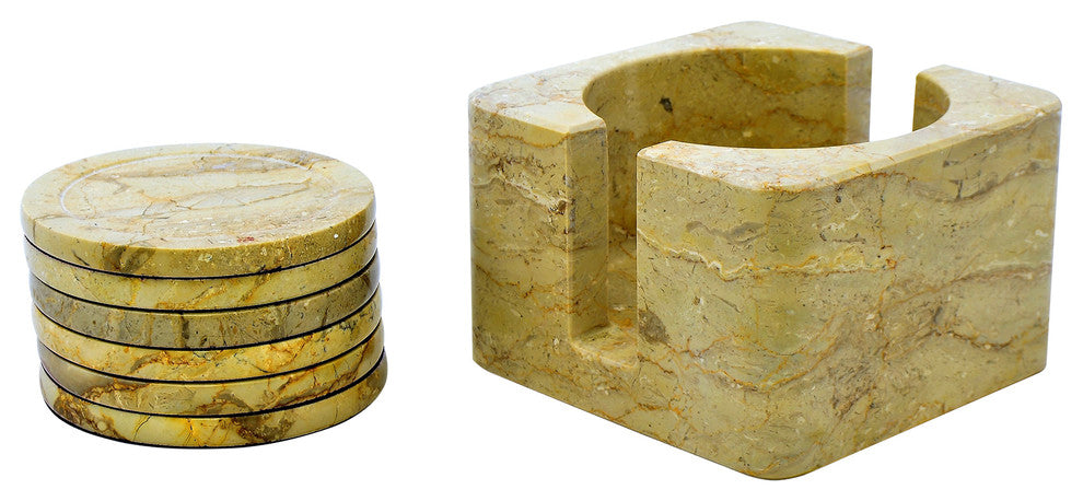 Coaster Set With Holder, Sahara Beige Marble, 6-Piece Set