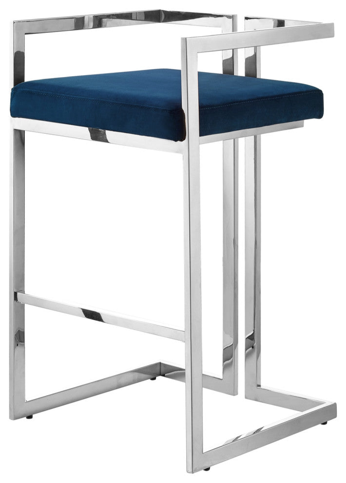 Inspired Home Yaneli Bar Cart Geometric Frame, Navy and Chrome Velvet