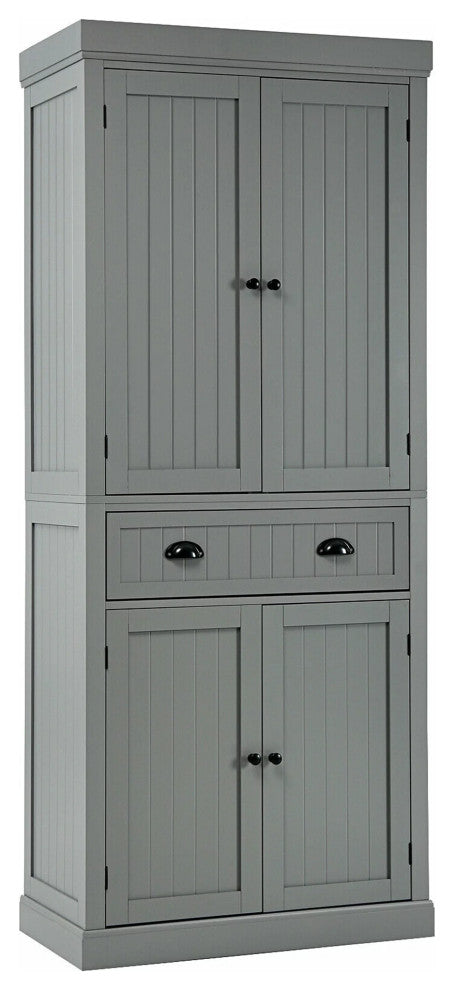 Traditional Pantry Cabinet, 2 Large Doors With Drawer & Pull Handles, Grey
