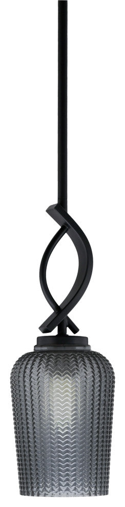 Cavella 1 Light Stem Mini Pendant, Matte Black Finish, 5" Smoke Textured Glass
