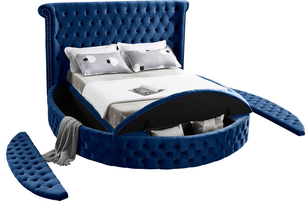 Luxus Button Tufted Velvet Round Bed, Navy, King
