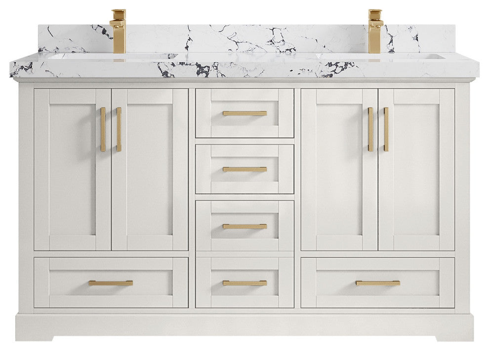 Boston 60" Double Bathroom Vanity in Alabaster 2" Viola Night