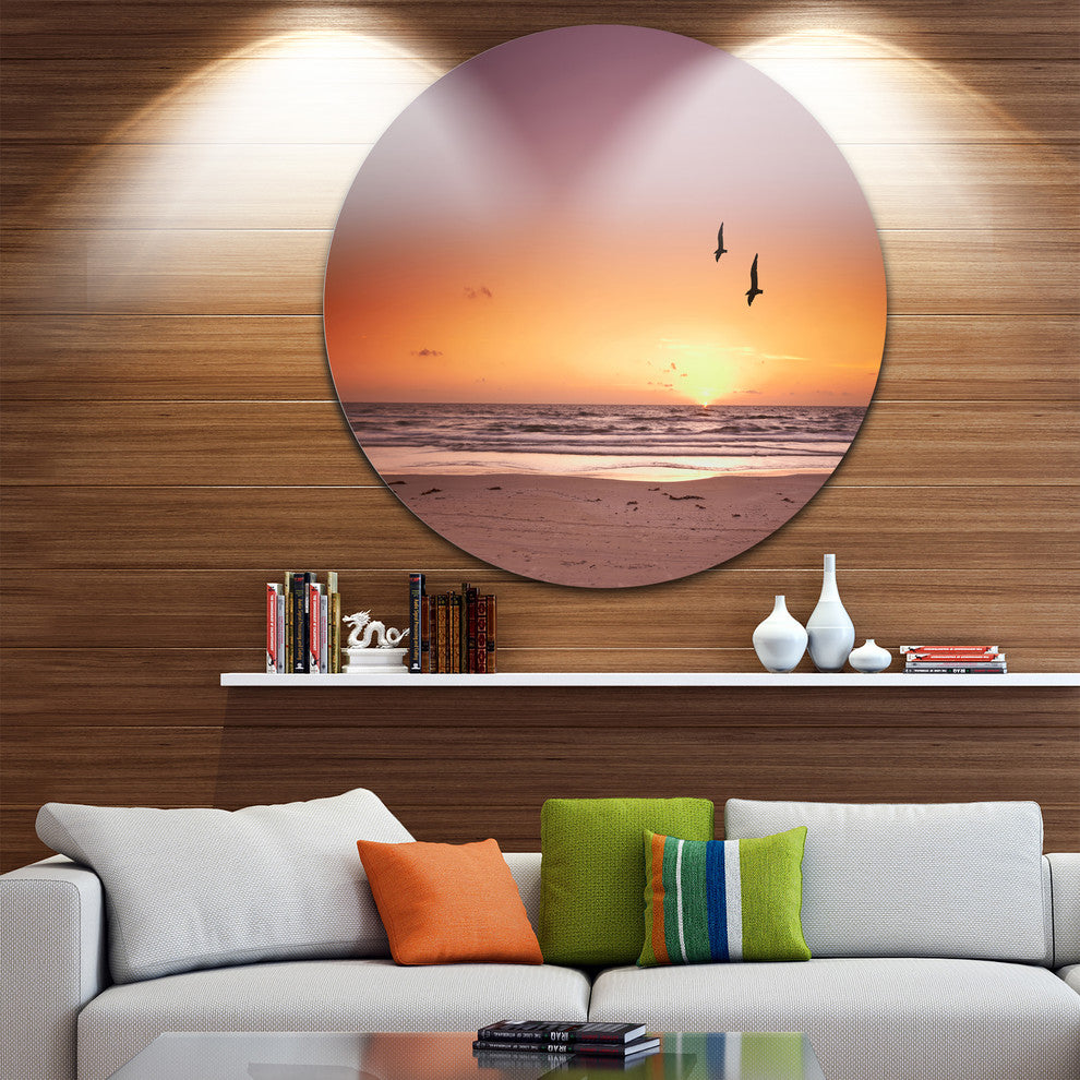 Beach Sunset And Sea Gulls, Seashore Disc Metal Wall Art, 36"