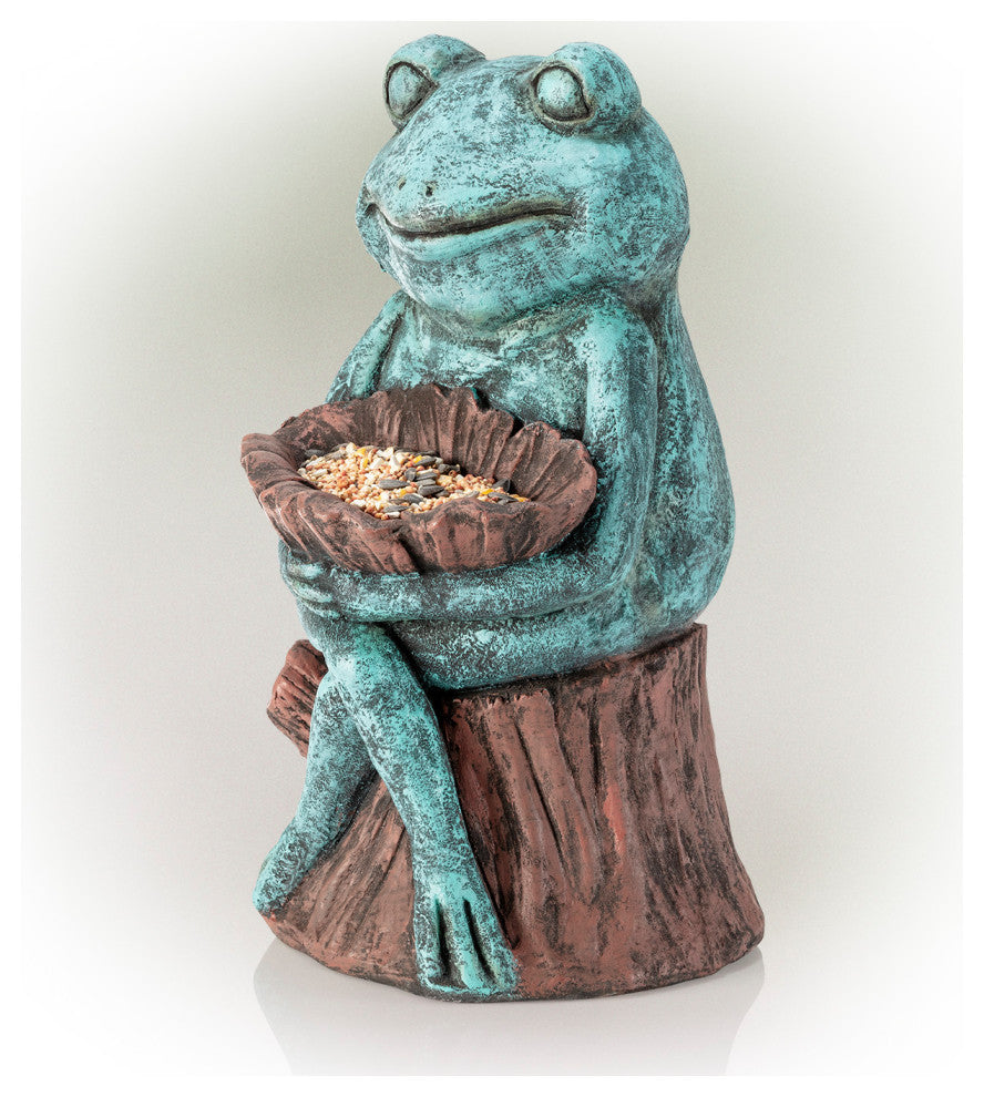 Alpine Green Sleeping Frog Holding a Flower Statue, 15"Tall