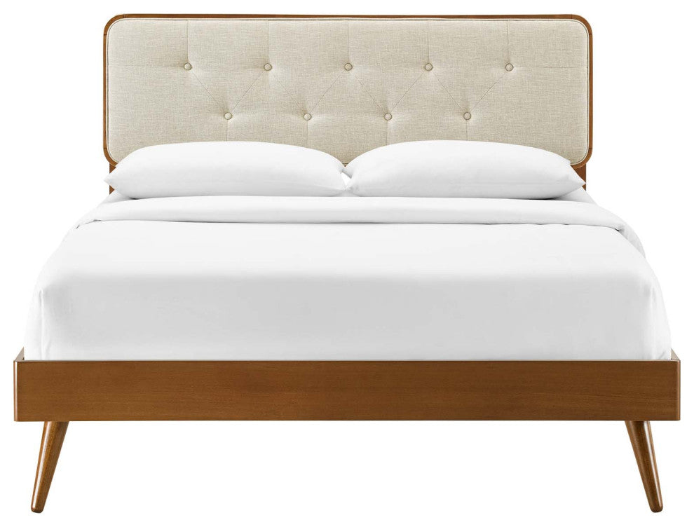 Platform Bed Frame, Queen Size, Fabric, Wood, Brown Walnut Beige, Modern