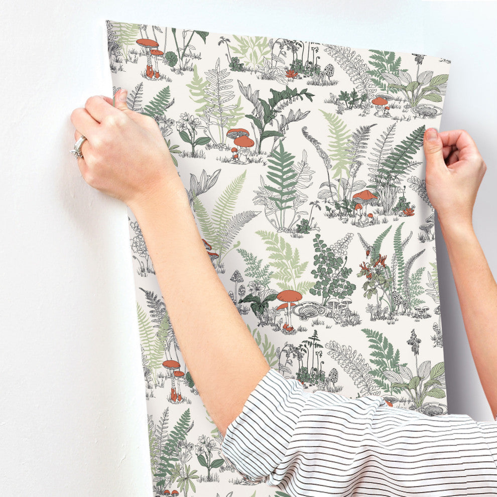 Mushroom Garden Toile Red and Green Wallpaper