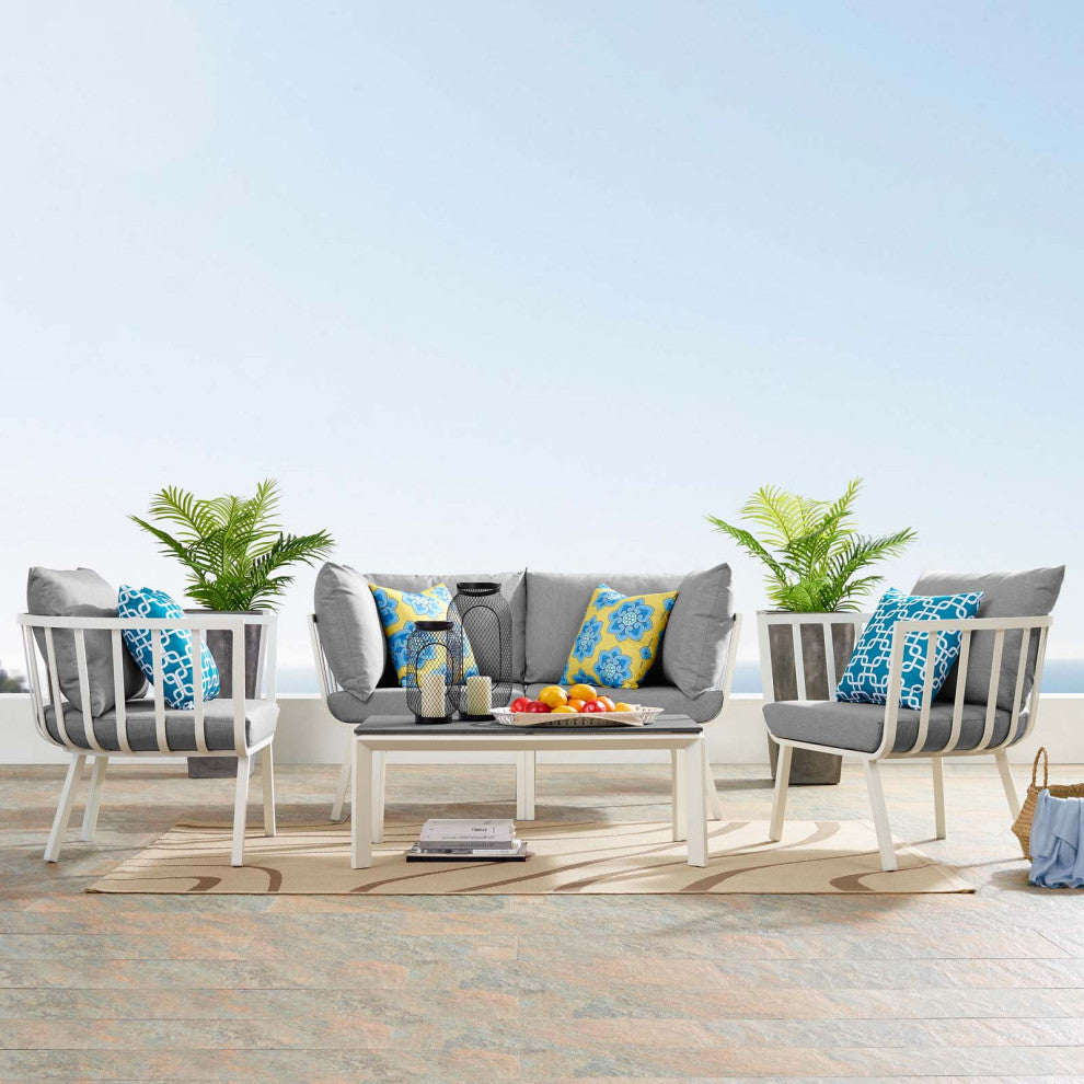 Lounge Sectional Sofa Chair Set, Aluminum, Metal, White Gray, Outdoor