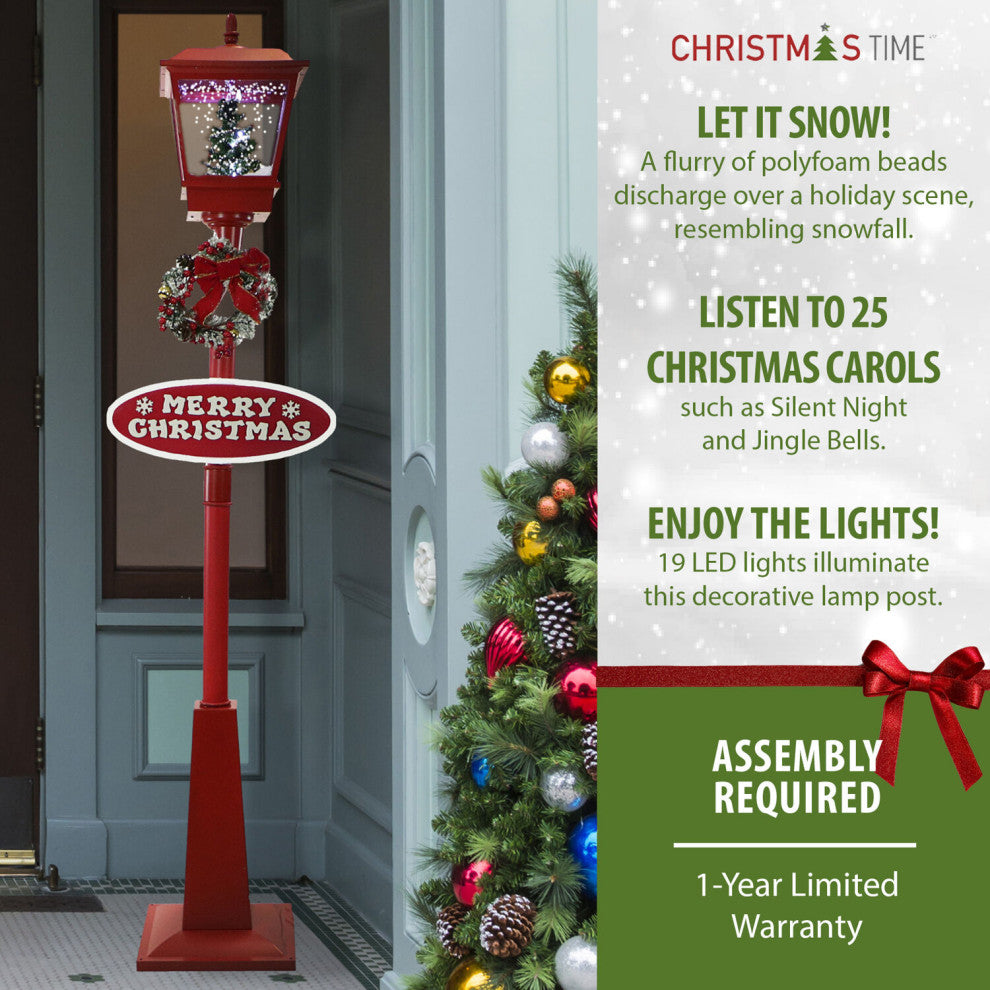 71" Musical Snowy Street Lamp Christmas Tree Scene, 2 Signs, Snow, Red