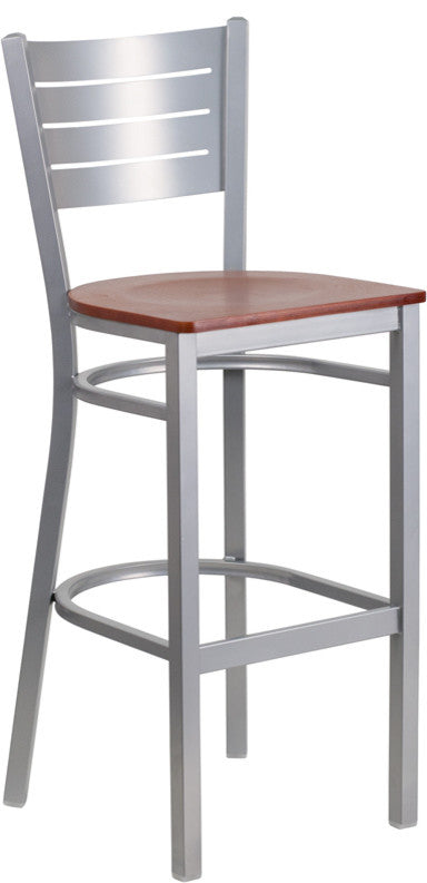 Silver Slat Back Metal Restaurant Barstool, Cherry Wood Seat