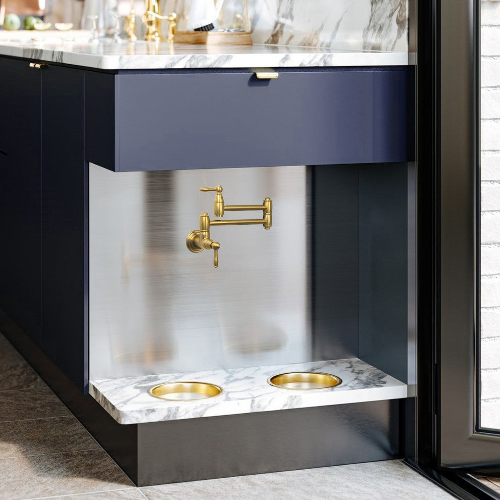 Brass Swing Arm Pot Filler - Wall Mount Water Faucet Built over Dog Food Bowls, Brushed Gold
