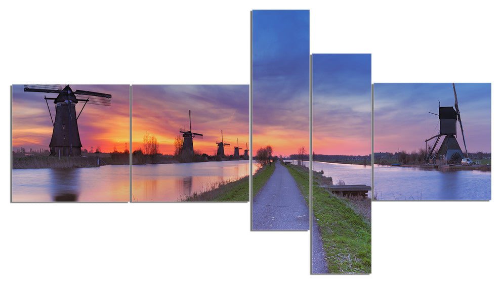 Windmills Morning Panorama, Abstract Canvas Art Print, 60"x32", 5 panels